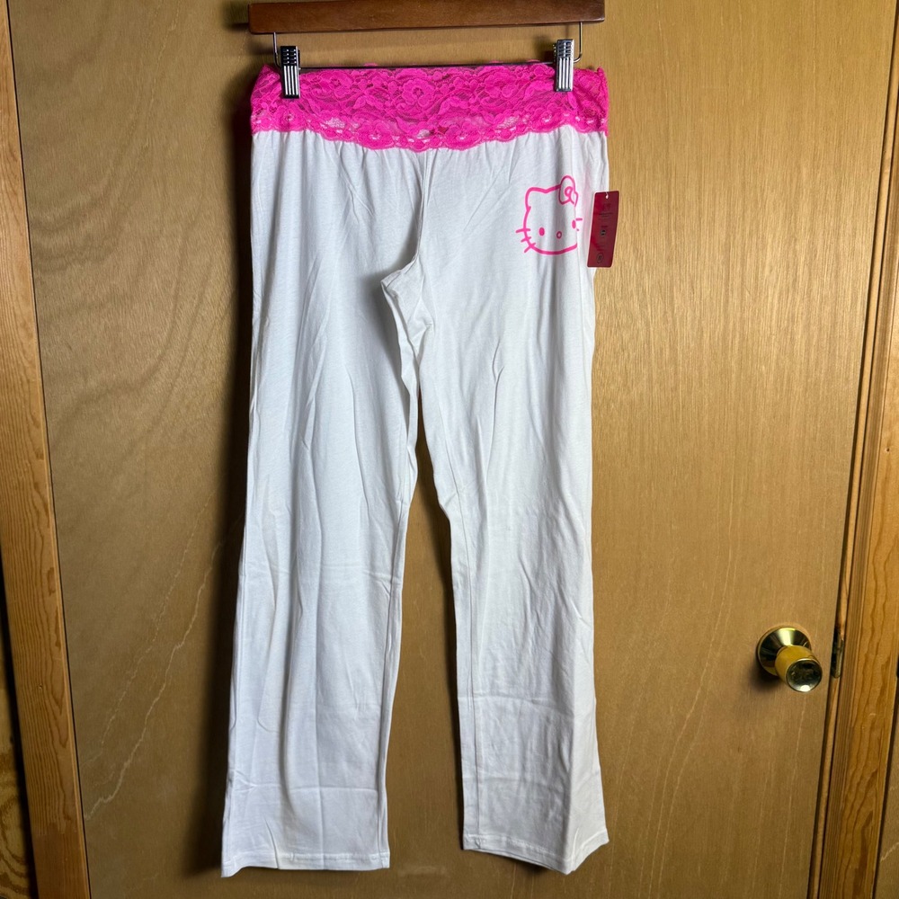 Hello Kitty Sanrio Pajama Pants Womens Med White Pink Lace Waist Cotton Y2K New